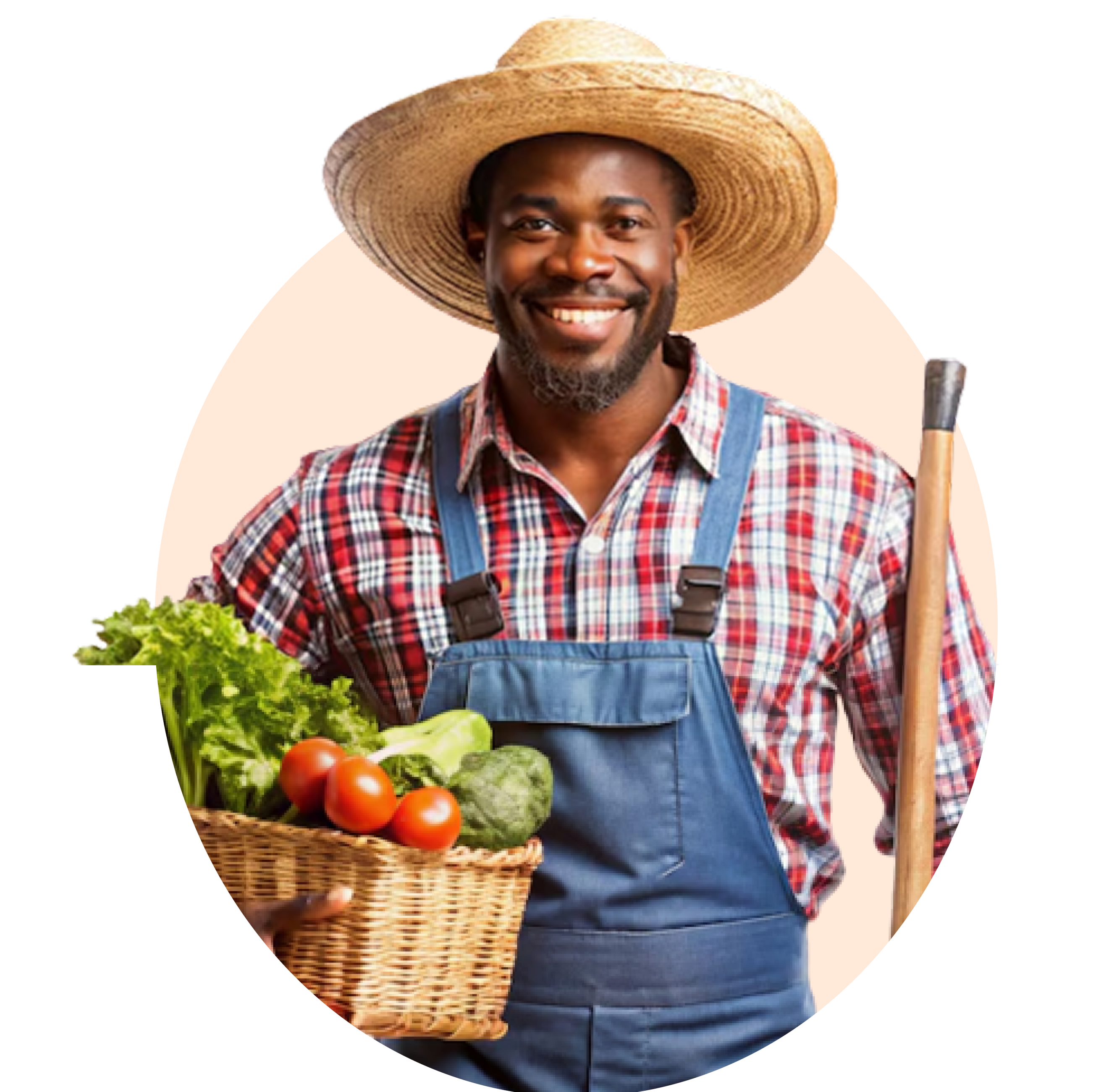Smiling African Farmer holding basket of crops